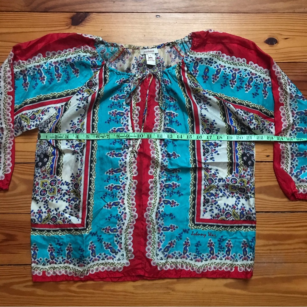 Johnny Was Sundance Red Blue Beige Silk 3/4 Peasant Top, EUC, S - Picture 10 of 12